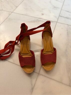 SARTO By Franco Sarto Red Woven Espadrille Wedge Sandals with Ankle Wraps